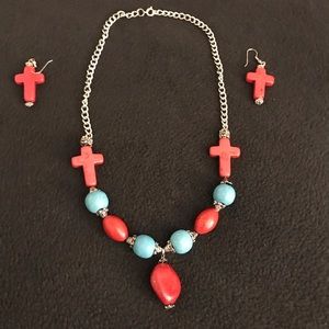 Silver Turquoise & Red Coral Necklace & Earrings